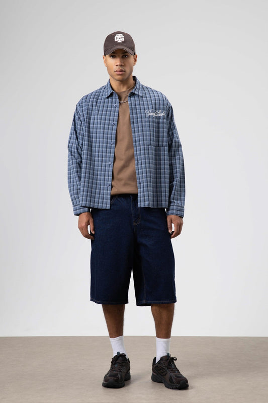 Oversized Checkered Long-Sleeve Shirt with Back Print