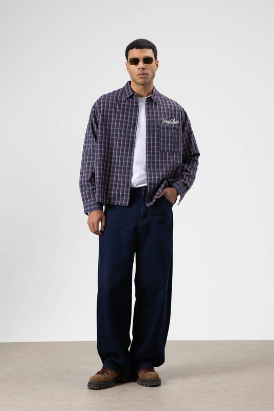 Oversized Checkered Long-Sleeve Shirt with Back Print