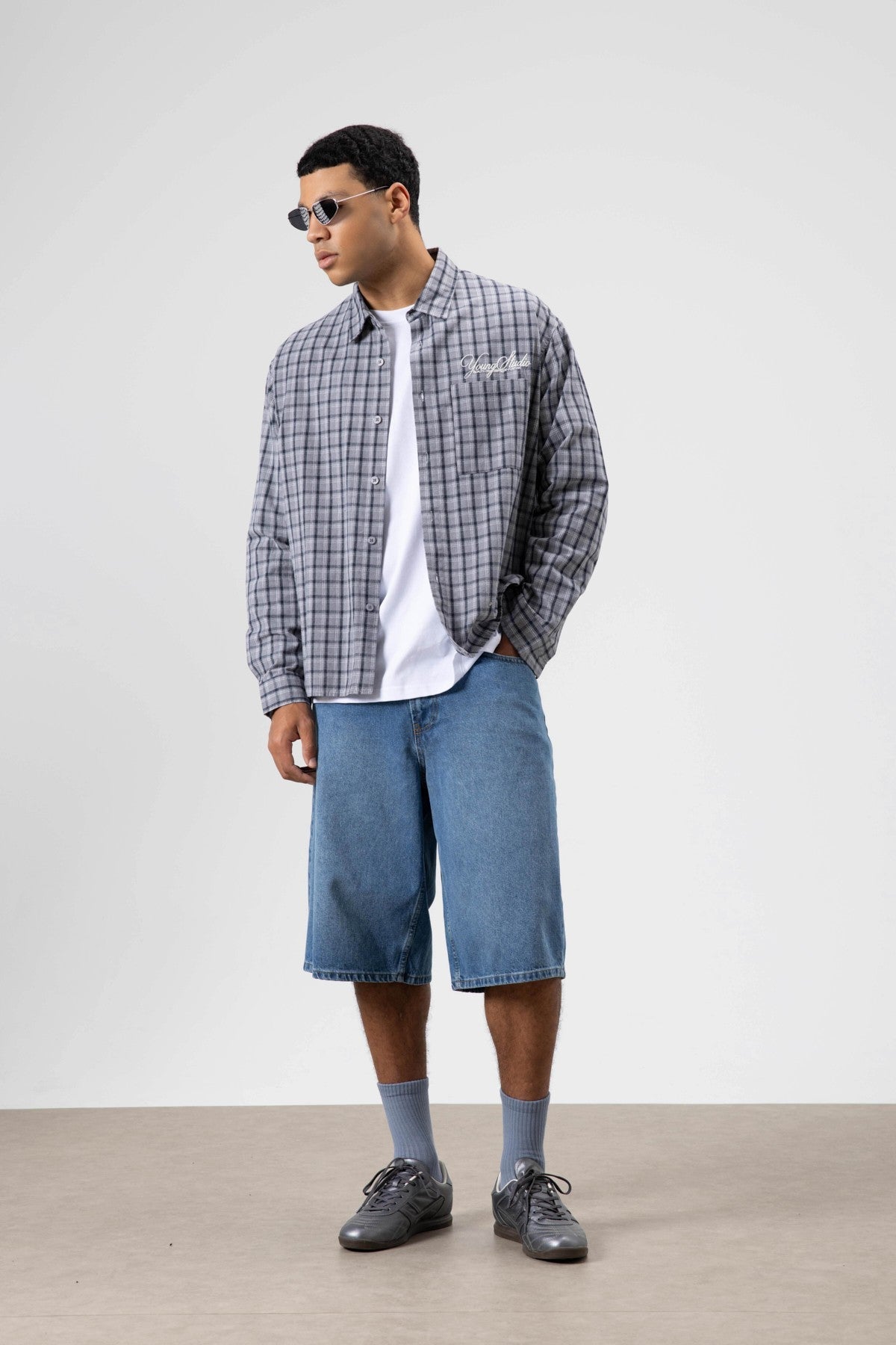 Oversized Checkered Long-Sleeve Shirt with Back Print
