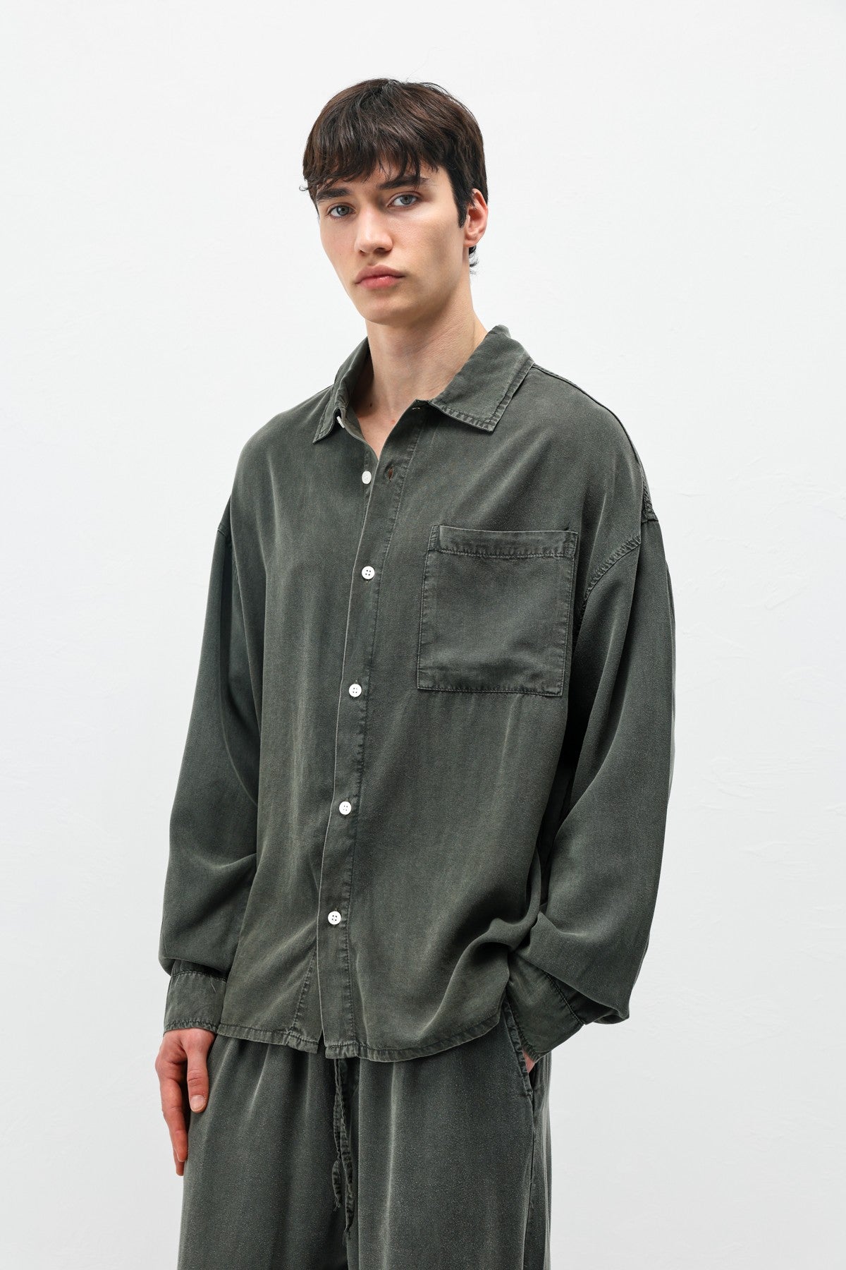 Oversized Shirt with Washed Finish and Pocket Details