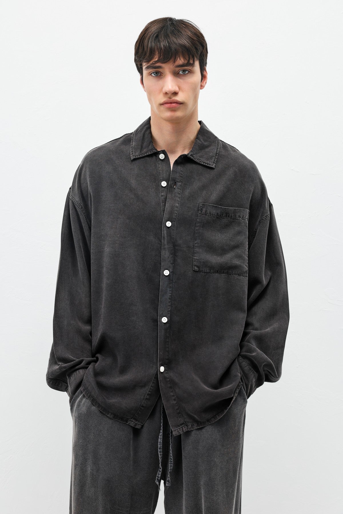 Oversized Shirt with Washed Finish and Pocket Details