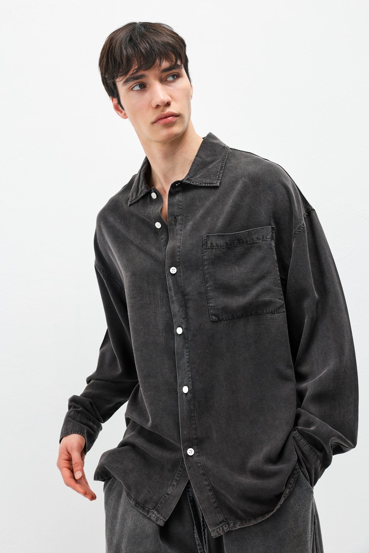 Oversized Shirt with Washed Finish and Pocket Details