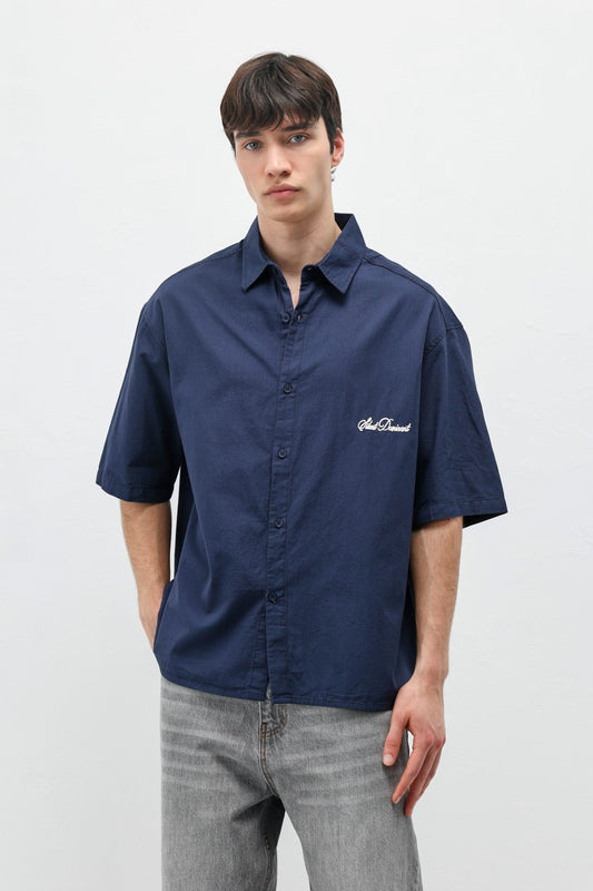 Oversized Short-Sleeve Shirt with Printed Text