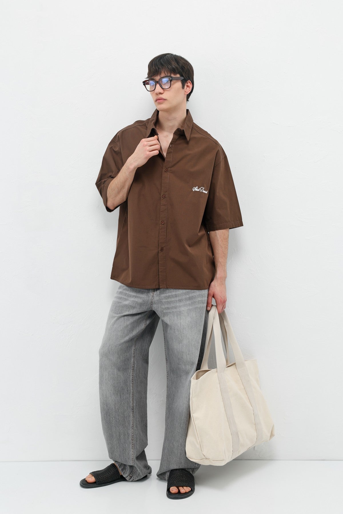 Oversized Short-Sleeve Shirt with Printed Text