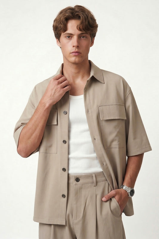 Oversized Stretch-Fabric Shirt with Pockets