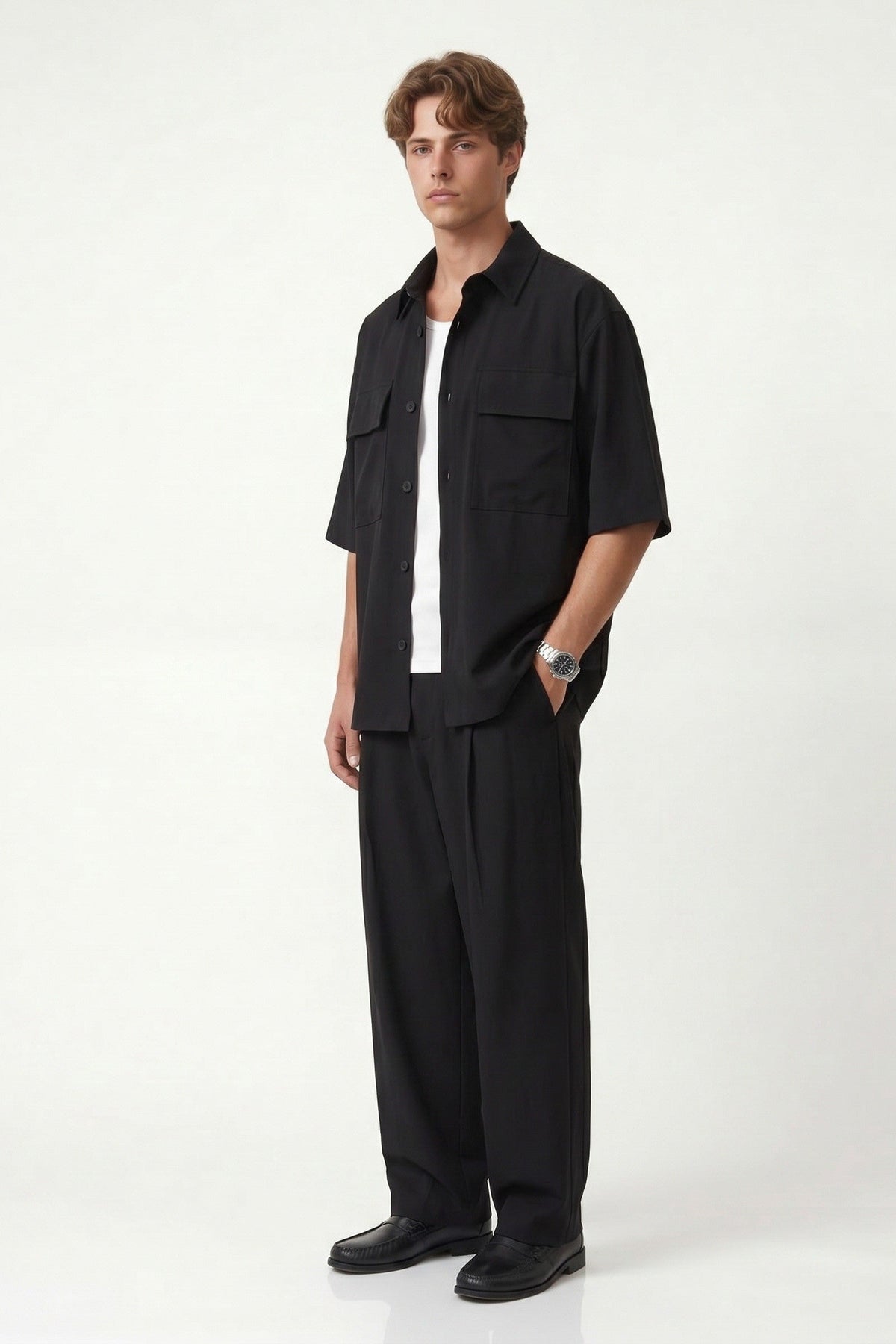 Oversized Stretch-Fabric Shirt with Pockets