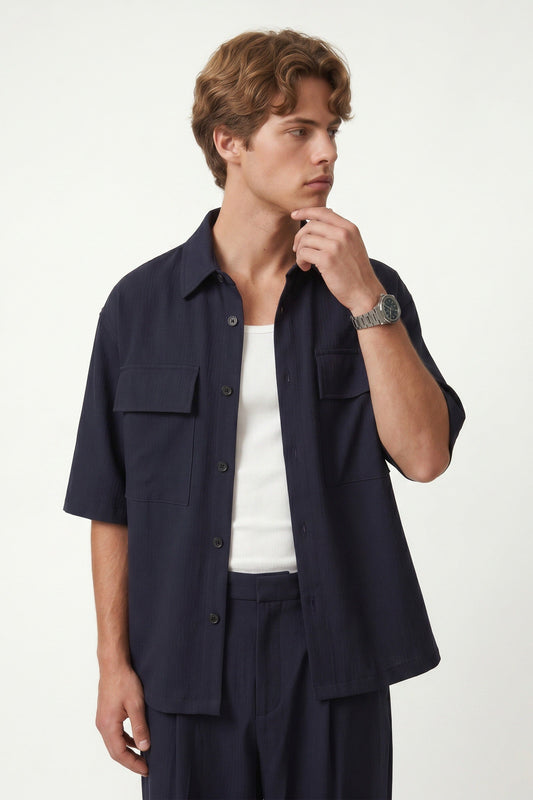 Oversized Stretch-Fabric Shirt with Pockets