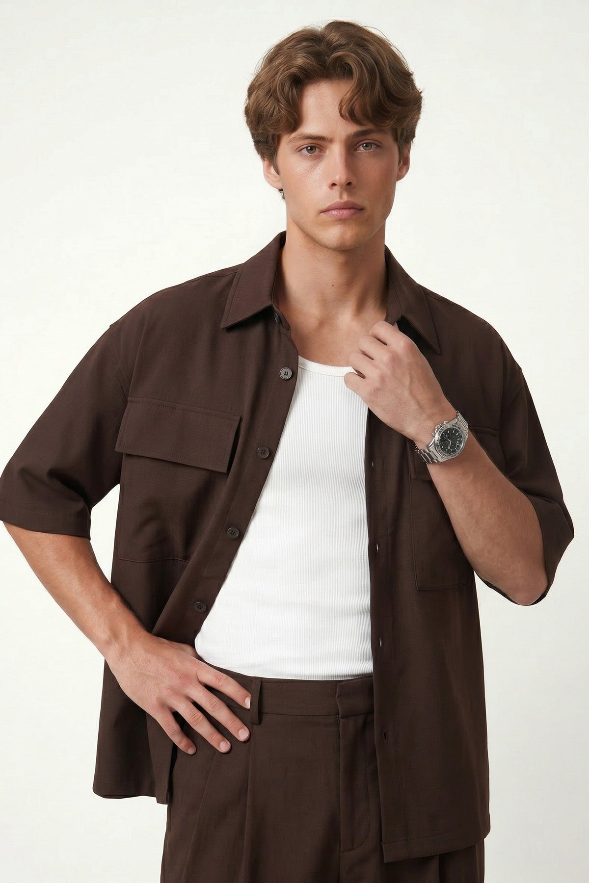 Oversized Stretch-Fabric Shirt with Pockets