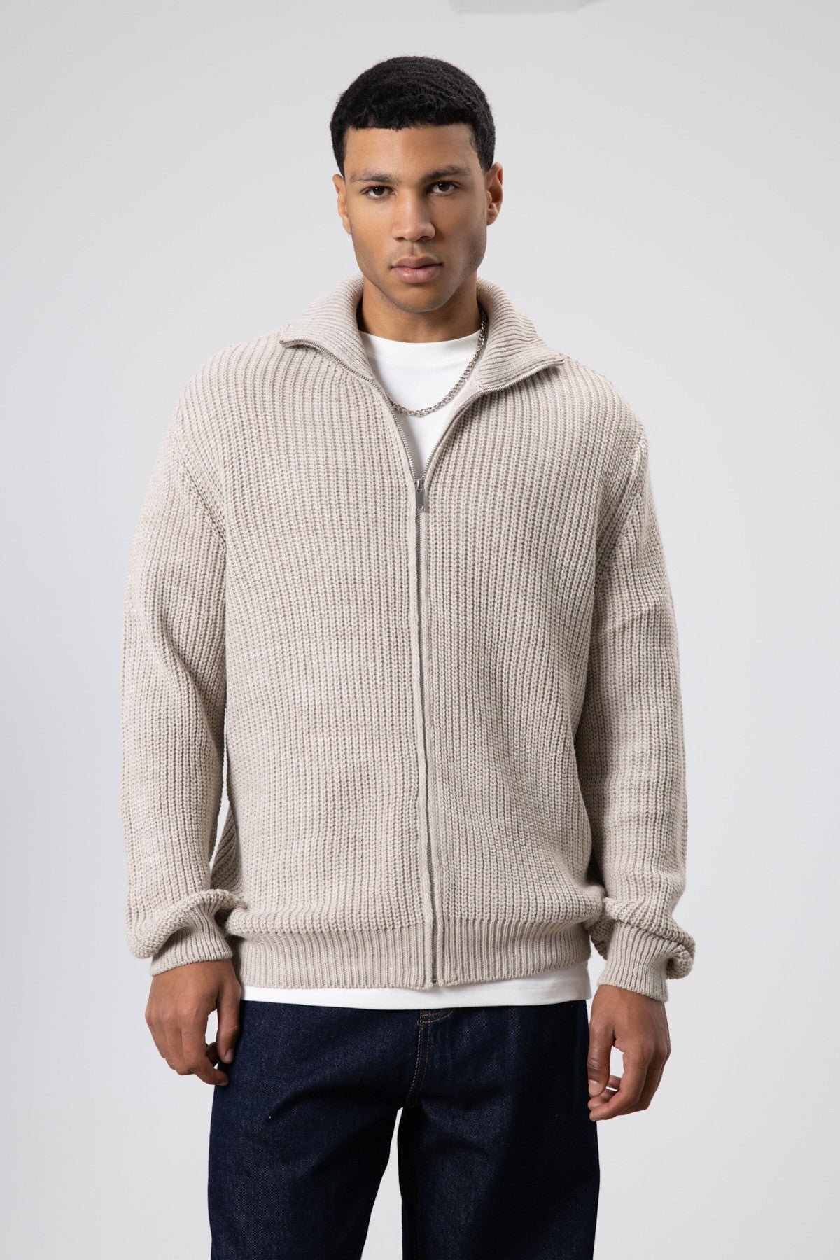 Oversized Zipper-Front Knit Cardigan