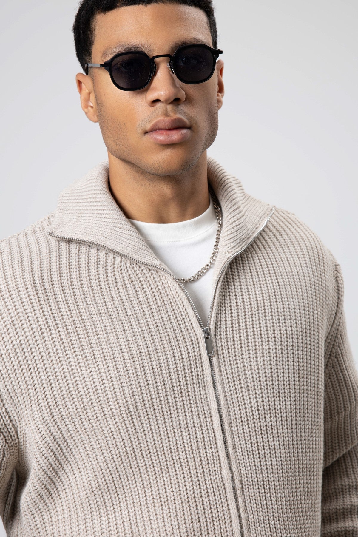 Oversized Zipper-Front Knit Cardigan
