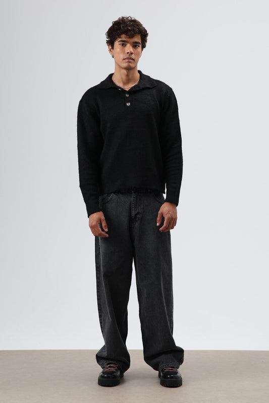 Polo Neck Soft-Textured Knit Sweater