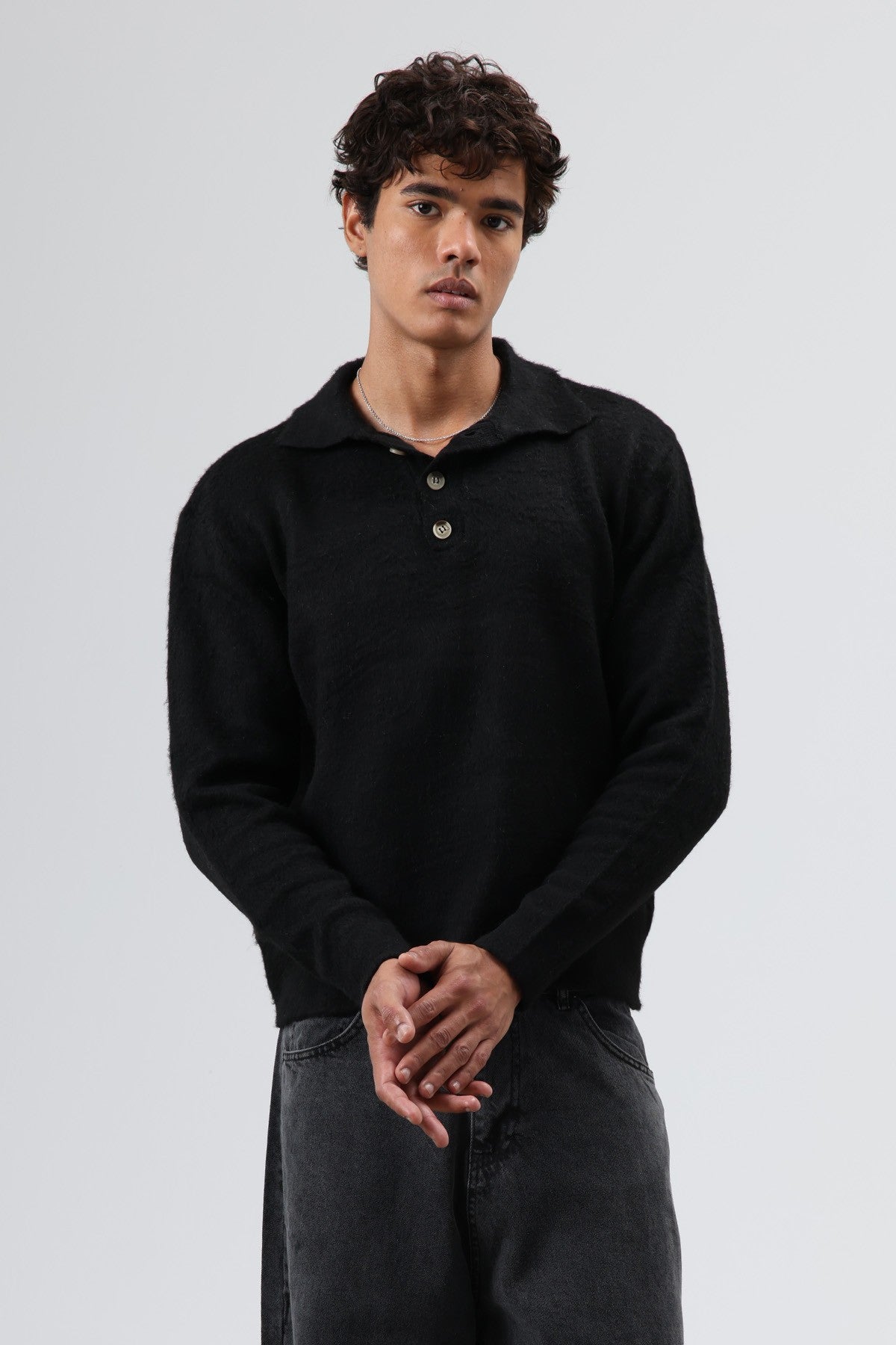 Polo Neck Soft-Textured Knit Sweater