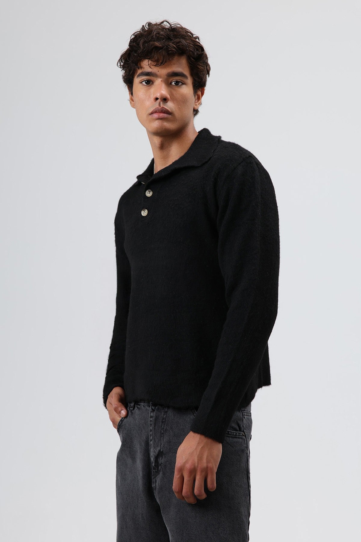 Polo Neck Soft-Textured Knit Sweater