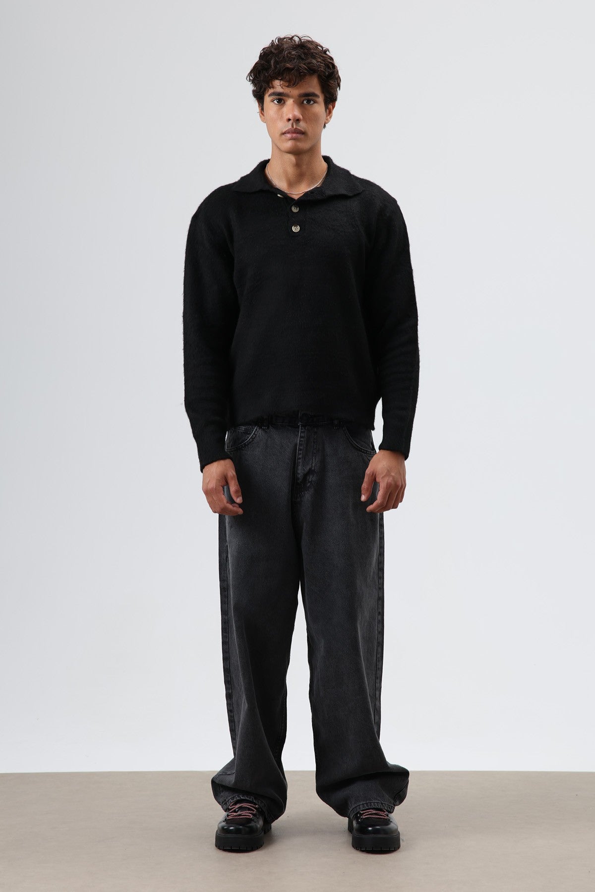 Polo Neck Soft-Textured Knit Sweater