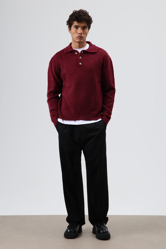 Polo Neck Soft-Textured Knit Sweater