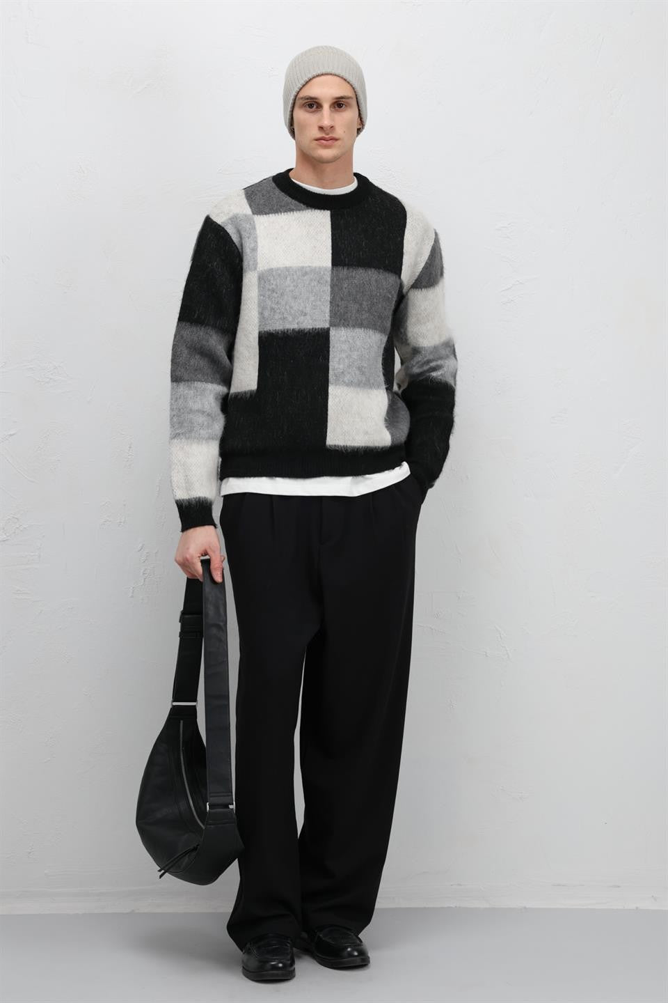 Oversized Square-Patterned Knit Sweater