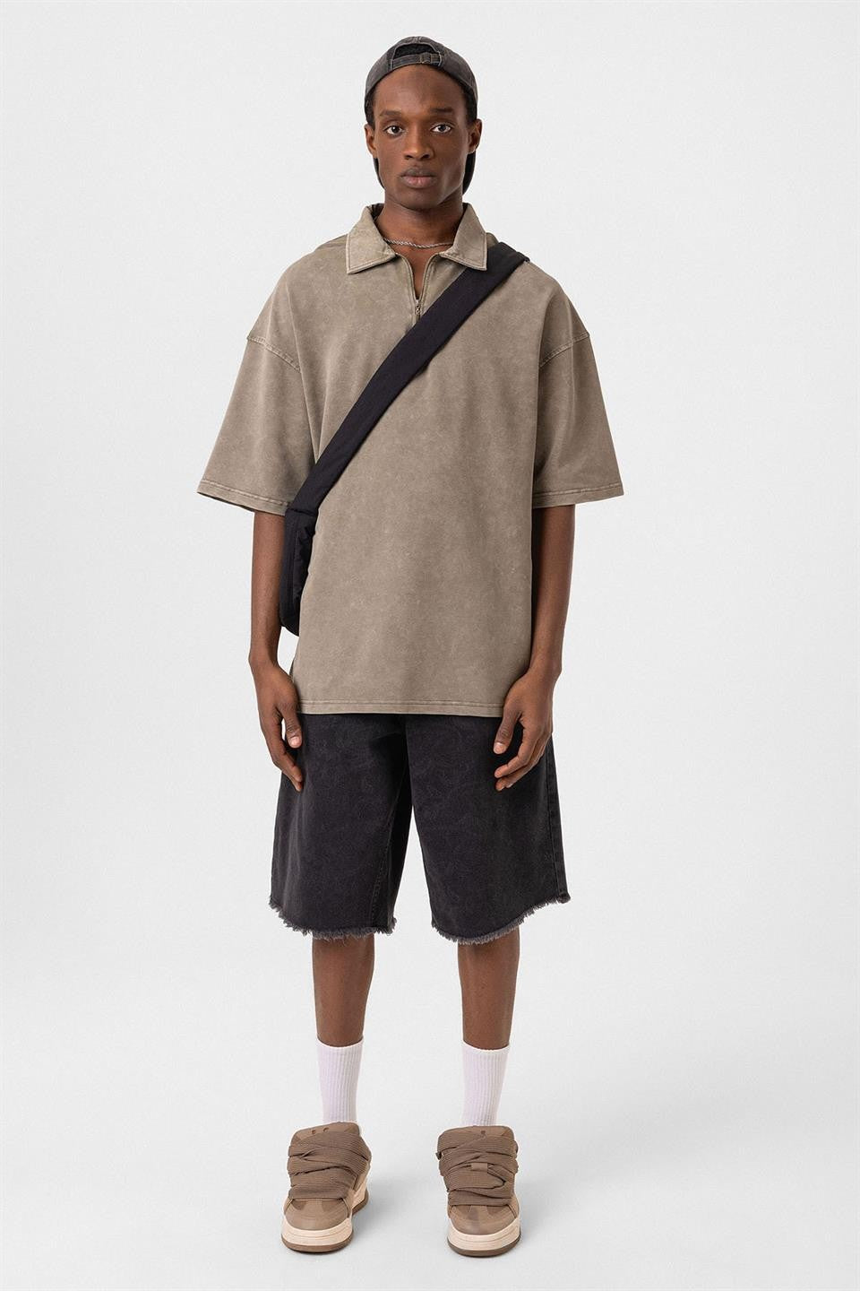 Oversized Washed Polo-Neck T-Shirt