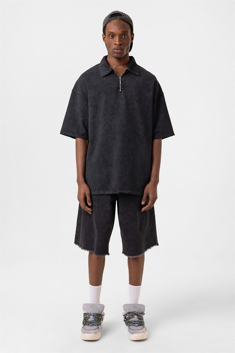 Oversized Washed Polo-Neck T-Shirt