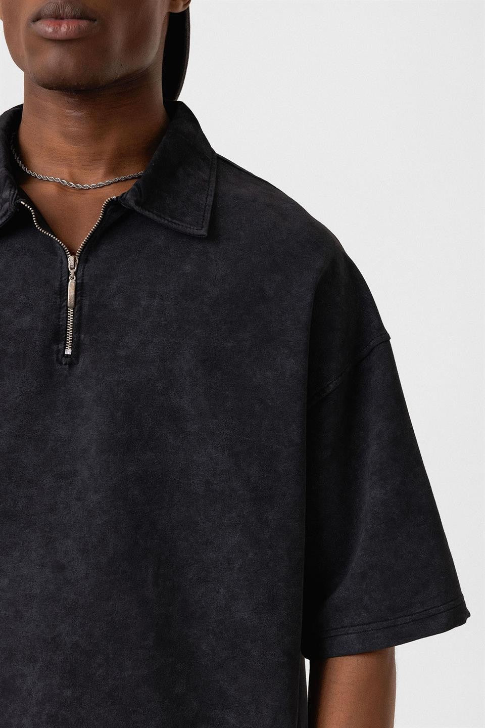 Oversized Washed Polo-Neck T-Shirt
