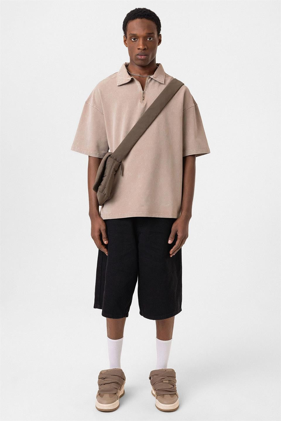 Oversized Washed Polo-Neck T-Shirt