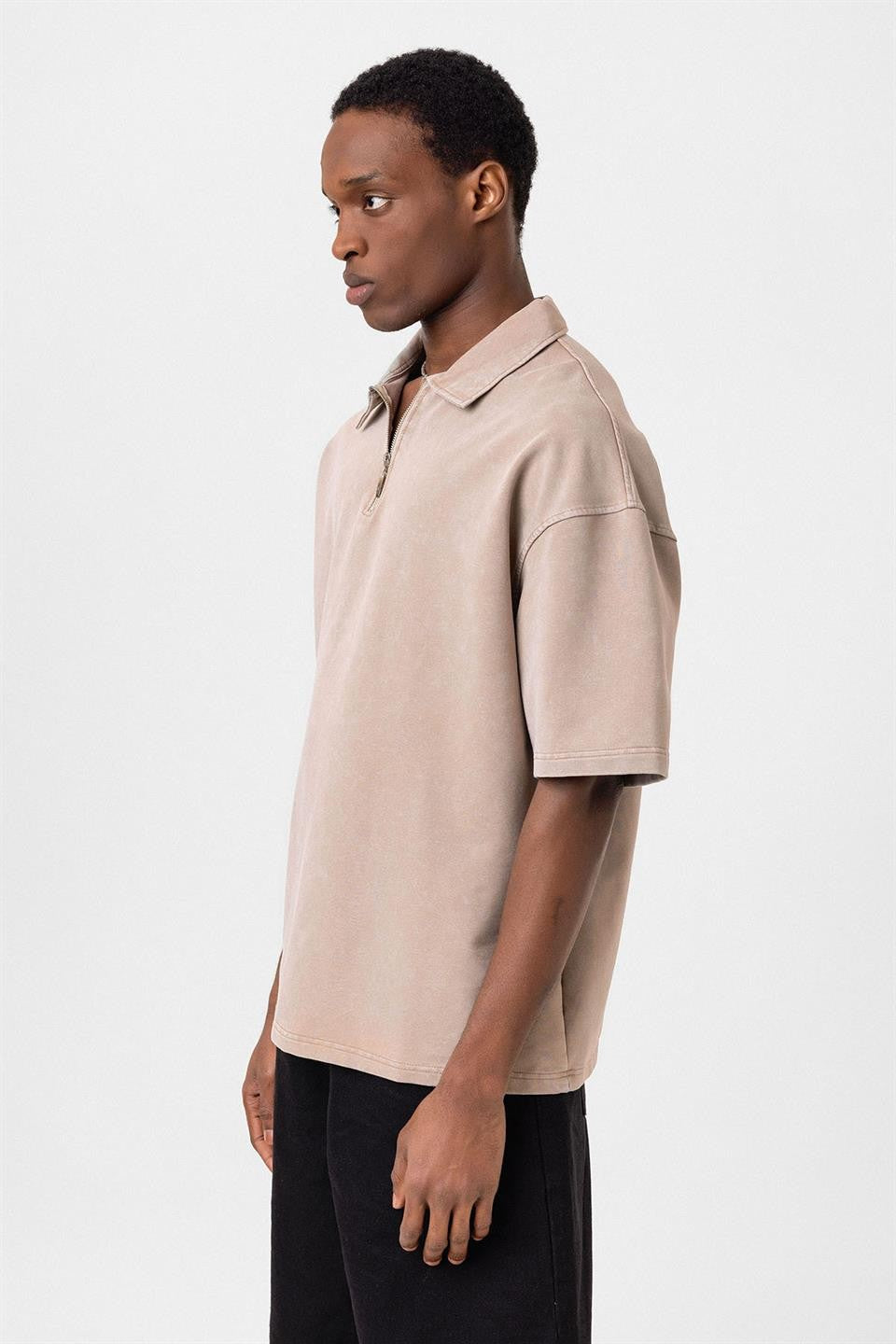 Oversized Washed Polo-Neck T-Shirt