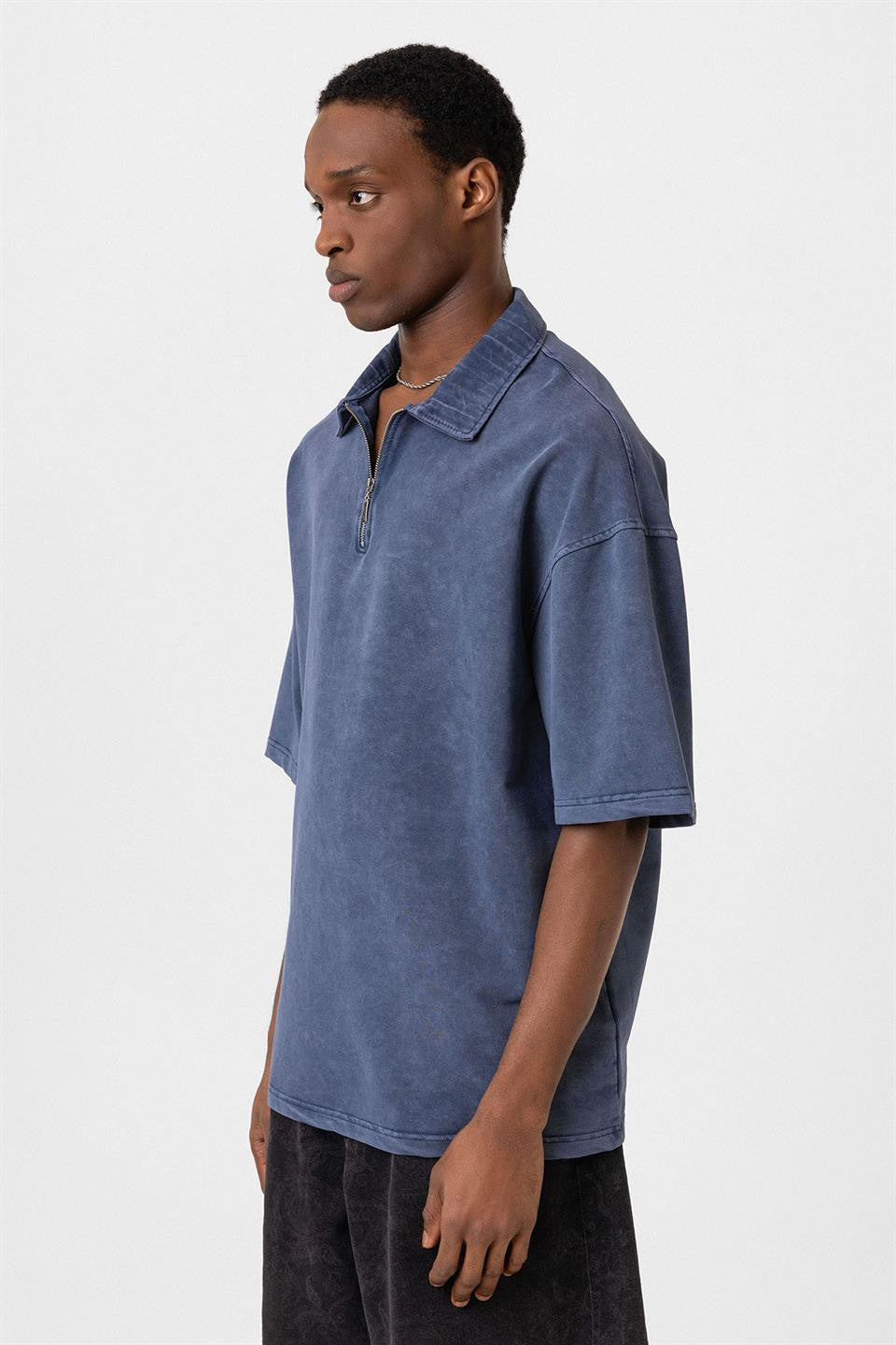 Oversized Washed Polo-Neck T-Shirt