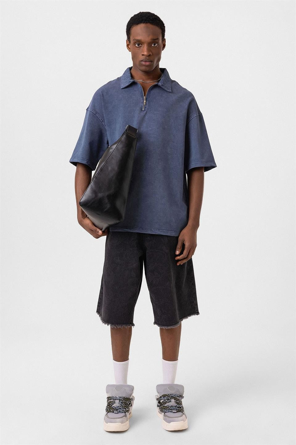 Oversized Washed Polo-Neck T-Shirt