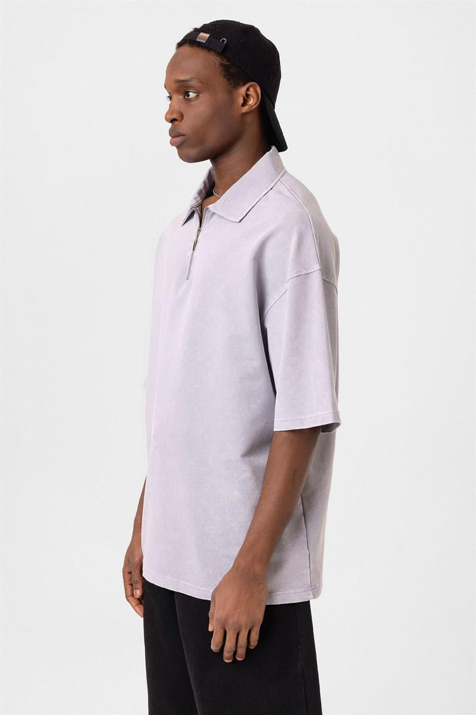 Oversized Washed Polo-Neck T-Shirt