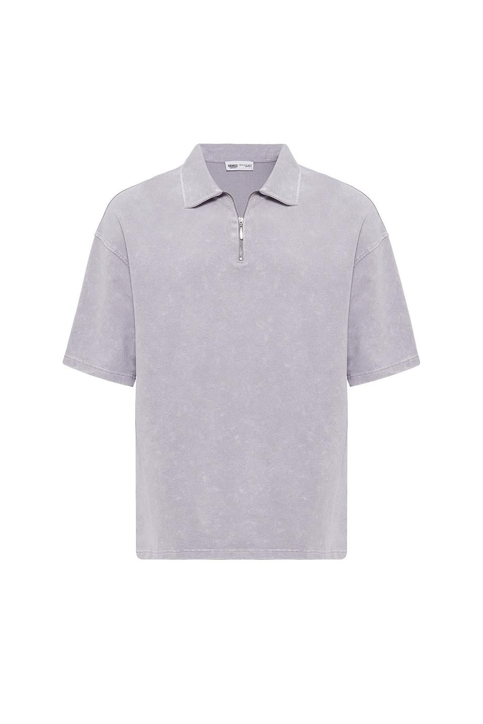 Oversized Washed Polo-Neck T-Shirt