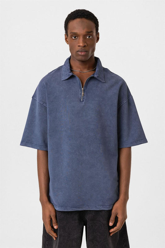 Oversized Washed Polo-Neck T-Shirt