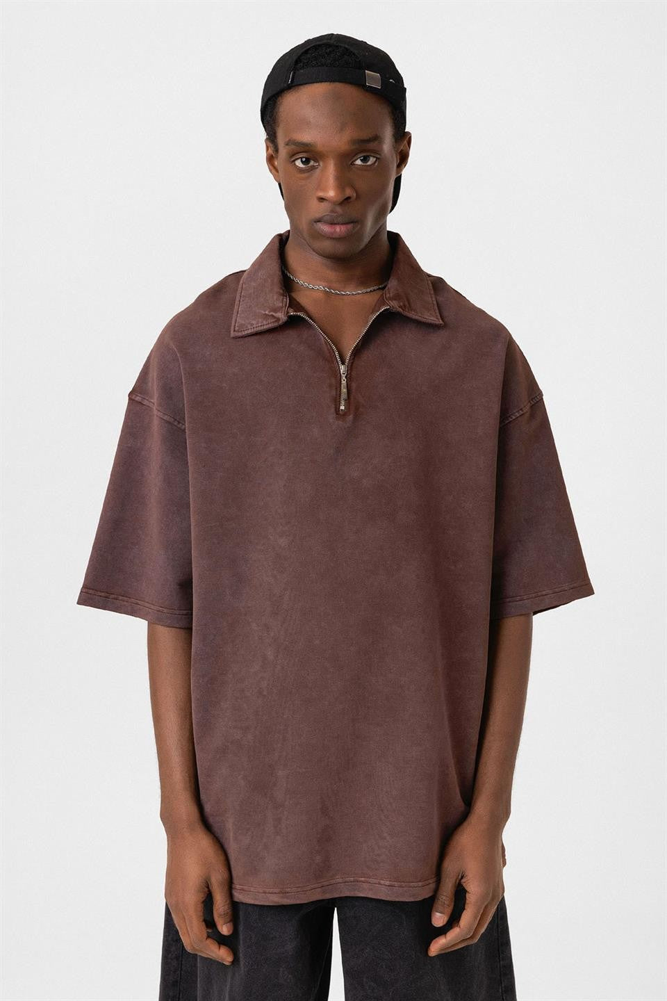 Oversized Washed Polo-Neck T-Shirt