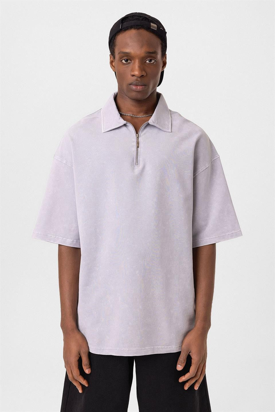 Oversized Washed Polo-Neck T-Shirt