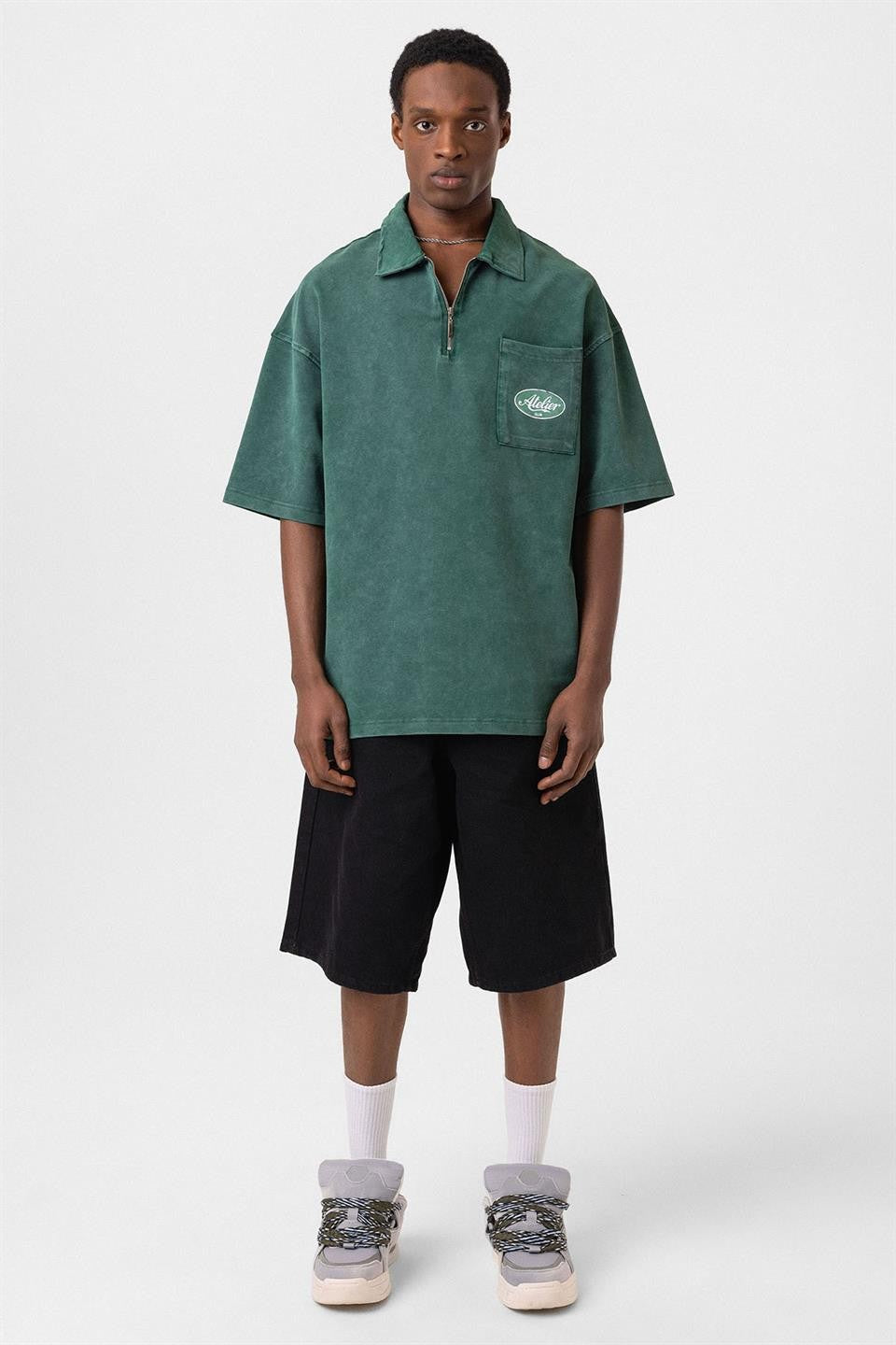 Oversized Polo-Neck Zipper T-Shirt