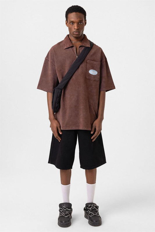 Oversized Polo-Neck Zipper T-Shirt