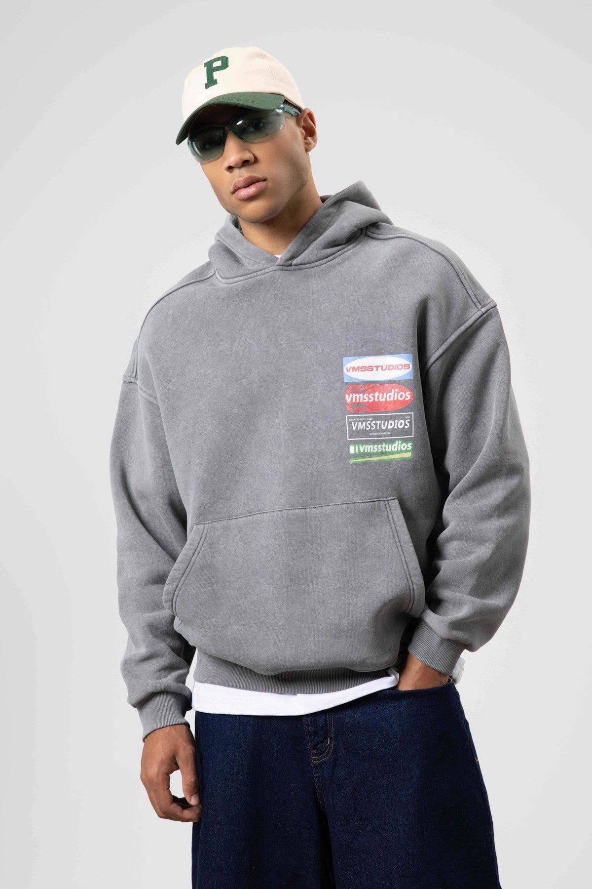 Oversized Washed Printed Hooded Sweatshirt