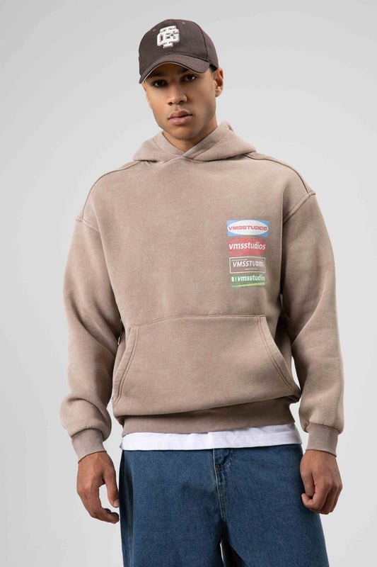 Oversized Washed Printed Hooded Sweatshirt