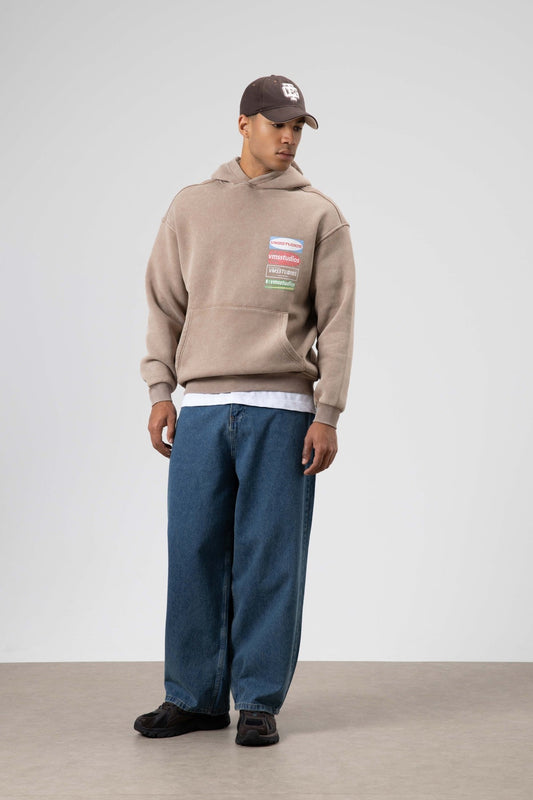 Oversized Washed Printed Hooded Sweatshirt