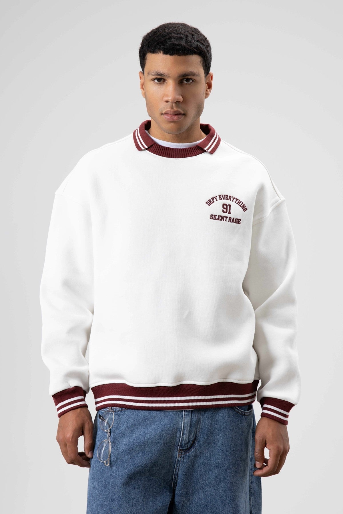 Oversized Collar Sweatshirt with Embroidery Details