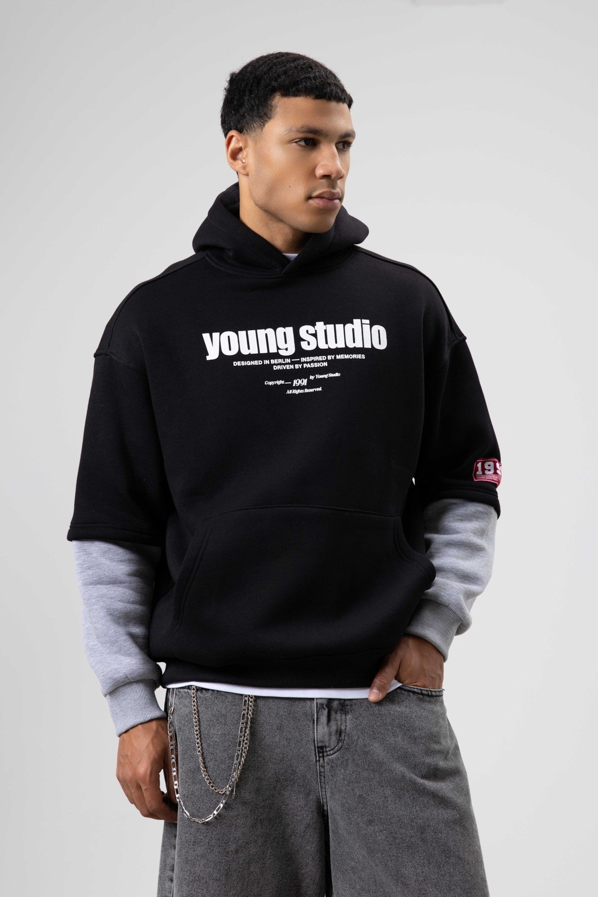 Oversized Printed Hooded Sweatshirt, Black
