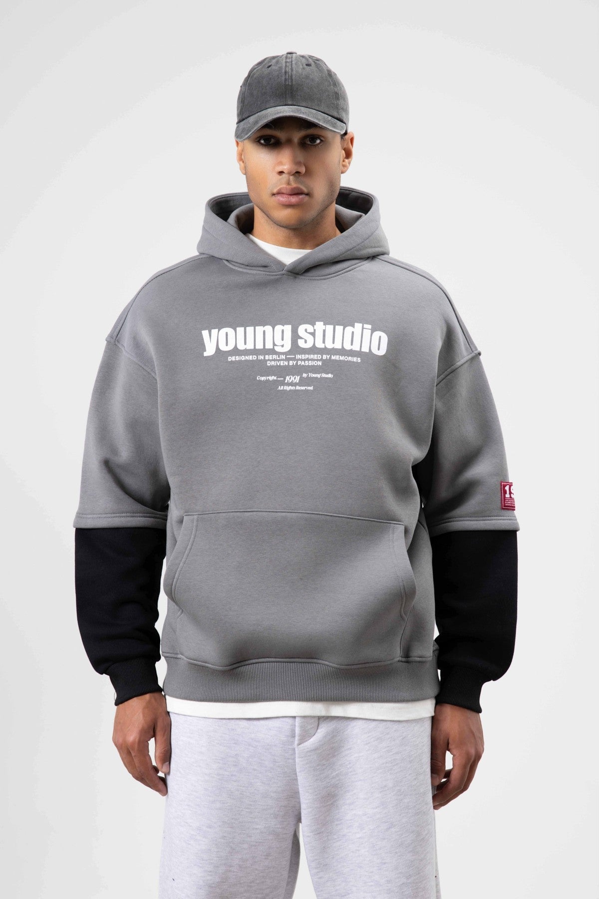 Oversized Printed Hooded Sweatshirt in Smoke Gray