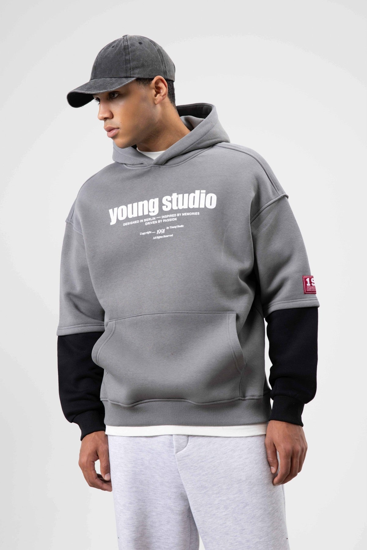 Oversized Printed Hooded Sweatshirt in Smoke Gray