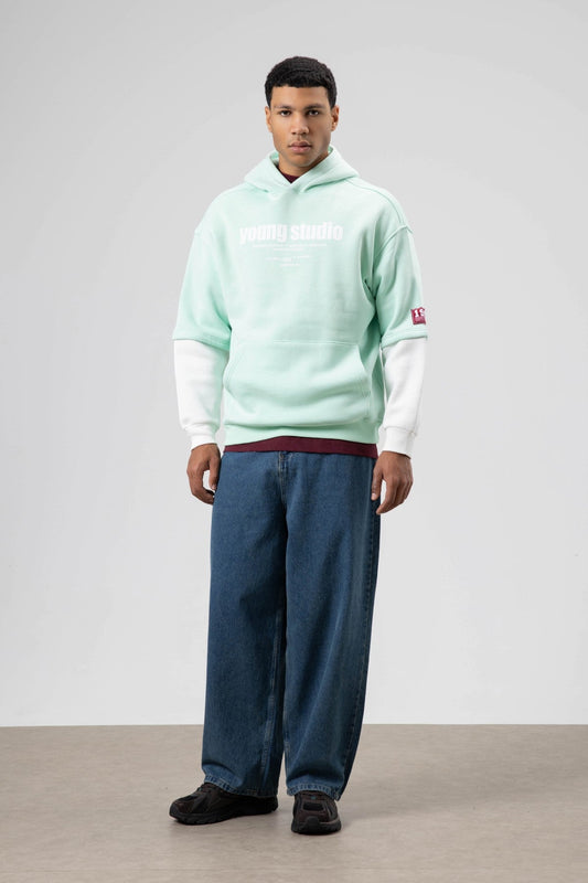Oversized Printed Hooded Sweatshirt - Mint