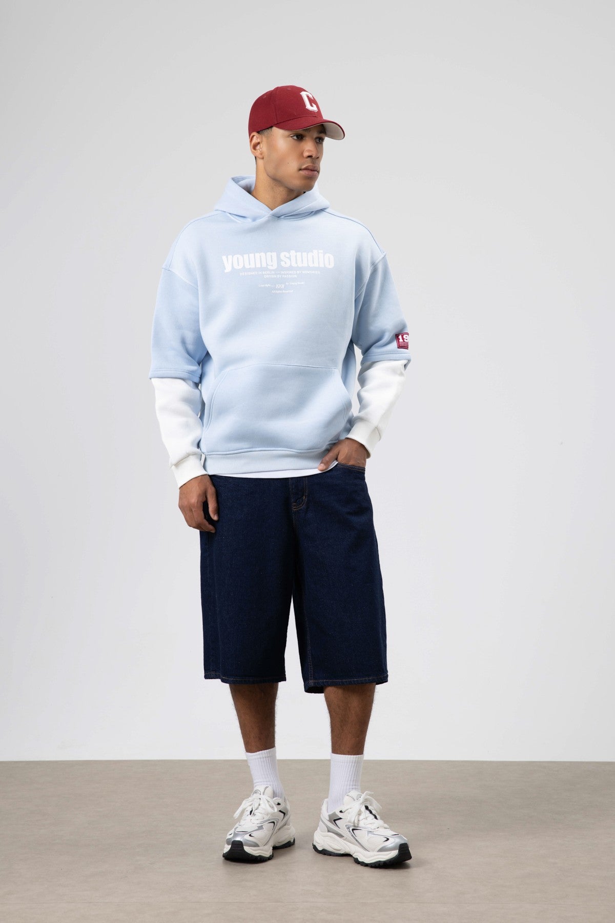 Oversized Printed Hooded Sweatshirt, Baby Blue