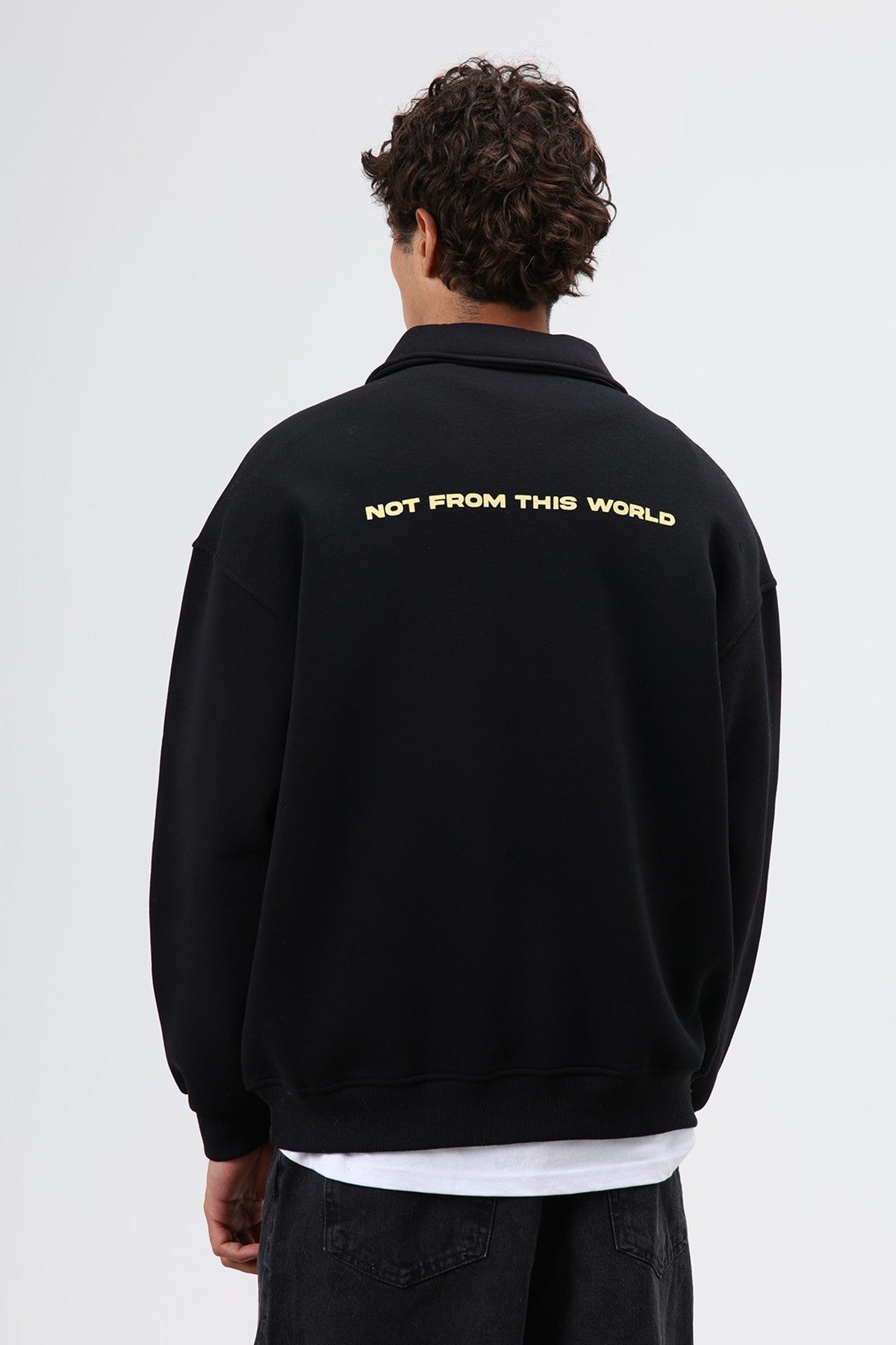 Oversized Printed Washed Sweatshirt with Polo Collar