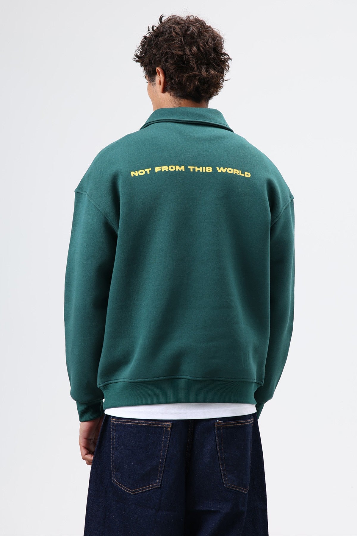Oversized Printed Washed Sweatshirt with Polo Collar