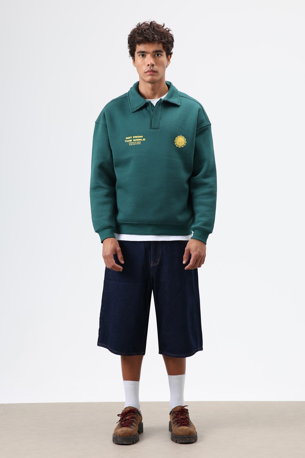 Oversized Printed Washed Sweatshirt with Polo Collar