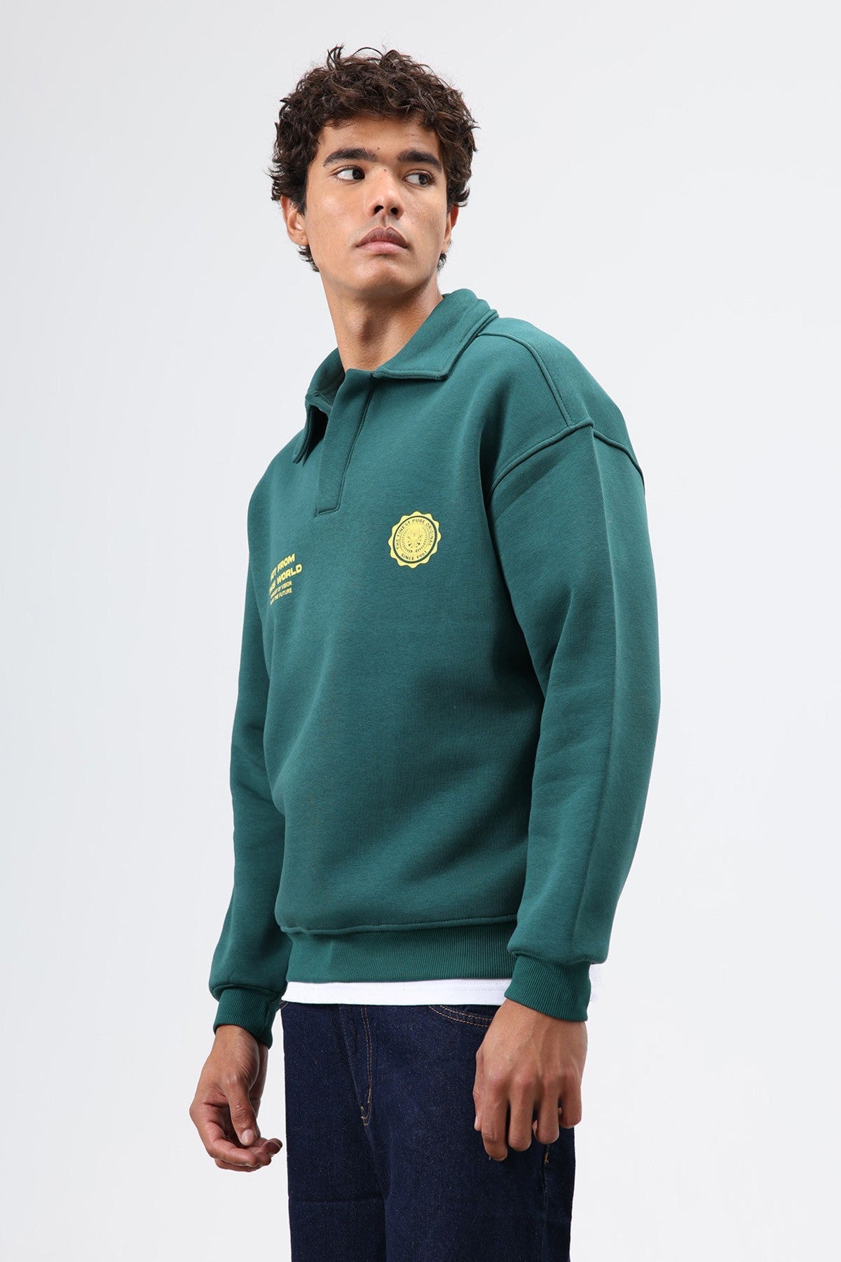 Oversized Printed Washed Sweatshirt with Polo Collar