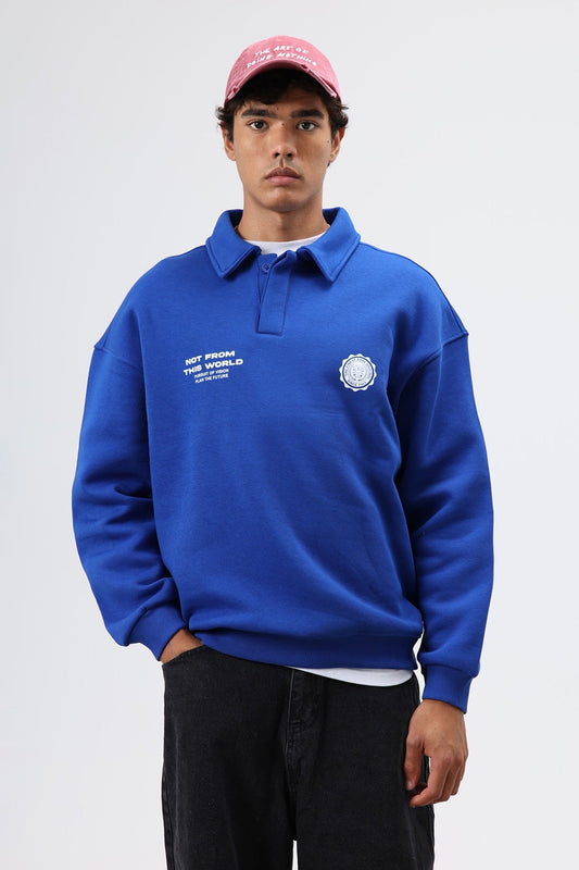 Oversized Printed Washed Sweatshirt with Polo Collar