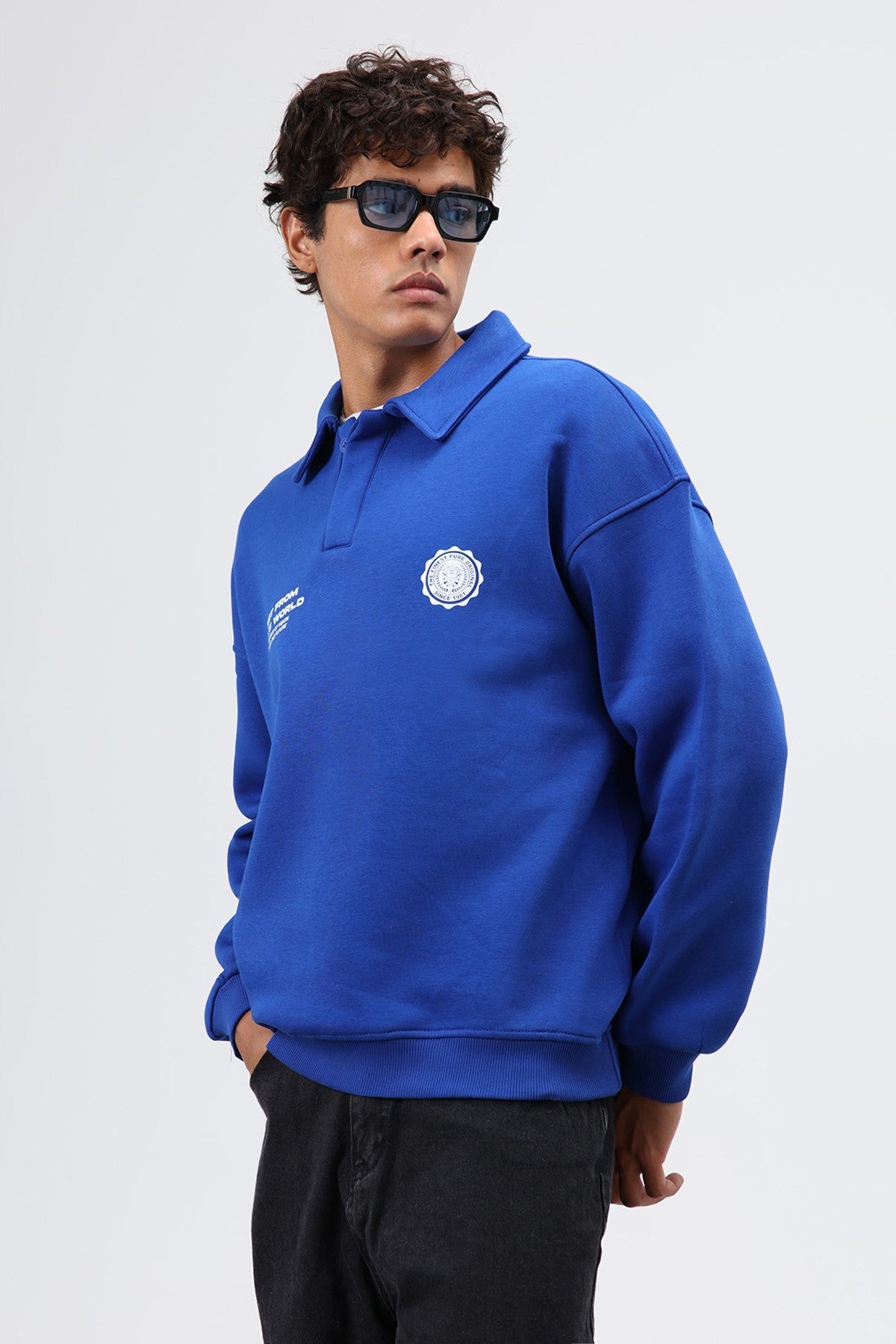 Oversized Printed Washed Sweatshirt with Polo Collar