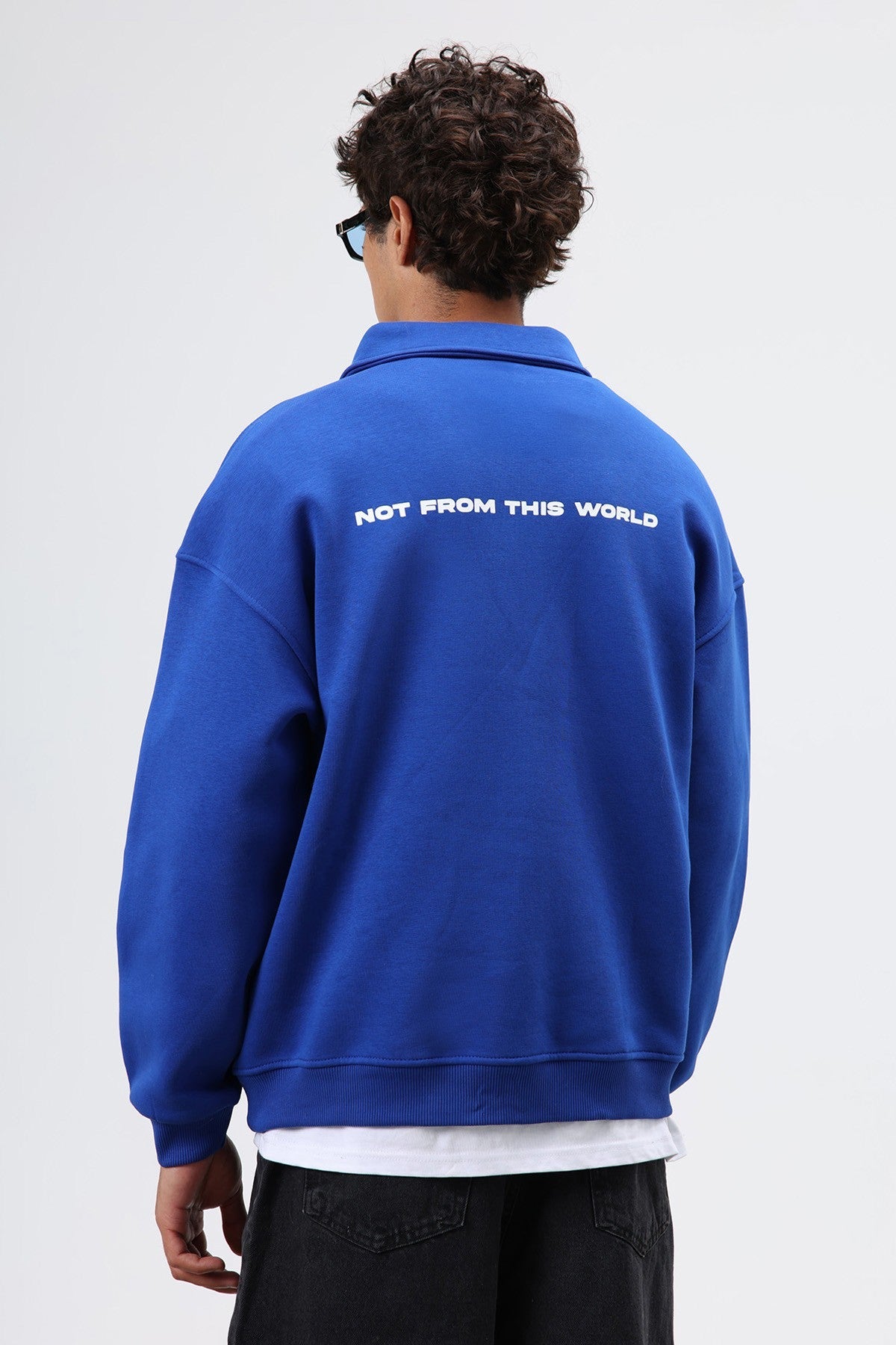 Oversized Printed Washed Sweatshirt with Polo Collar